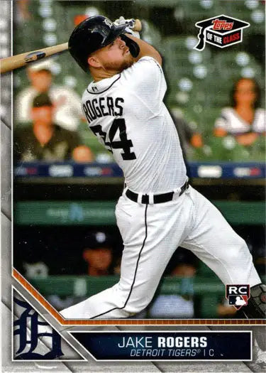 Baseball player in white Detroit Tigers uniform swinging bat for Topps base card