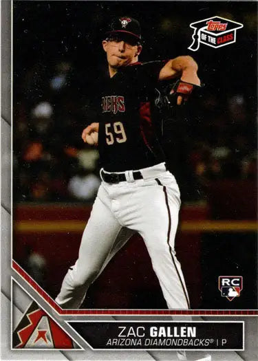Zac Gallen pitching on a baseball field in dark jersey, Topps baseball card image