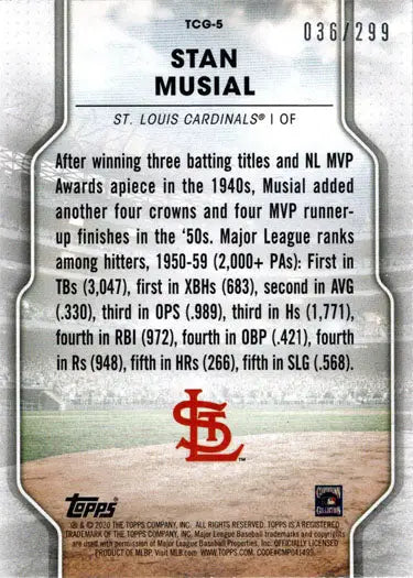 Stan Musial greats foil card showing career stats and achievements with the Cardinals