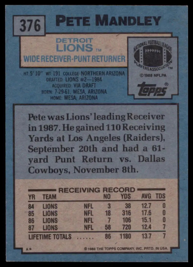 Topps Pete Mandley 376 Detroit Lions LP - Football Card Single