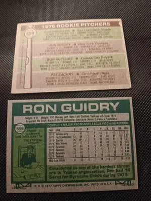 Topps - Ron Guidry 1976 (RC) & 1977. 2 card lot. ’76 VG+ w/front crease. ’77 EX+ - Baseball Card Single