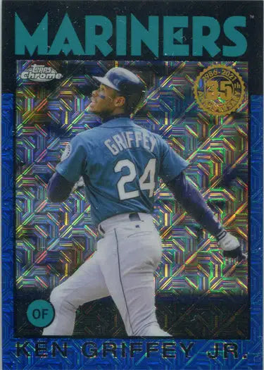 Baseball card of Mariners player Griffey with jersey number 24 on chrome silver blue background