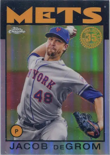 Chrome silver card of New York Mets pitcher Jacob deGrom in mid-throw action