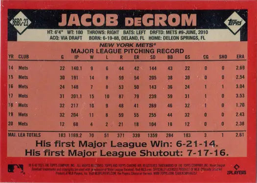 Jacob deGrom Major League statistics on Topps chrome silver card 2021 Series One
