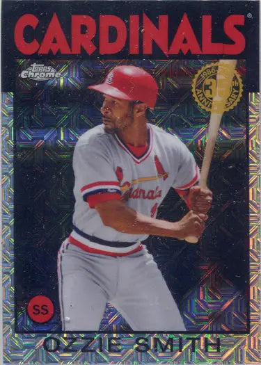 Baseball card of Ozzie Smith in batting stance, Topps Chrome Silver Card 2021