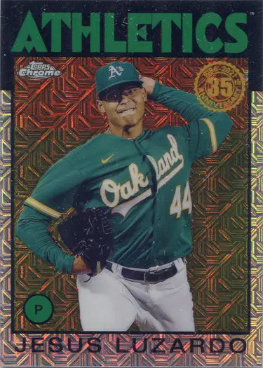 Oakland Athletics pitcher in green jersey 44 on Topps chrome silver card 2021