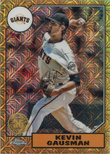 Chrome silver card of Giants pitcher Kevin Gausman in mid-throw on a shiny background