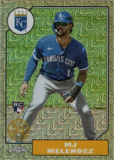Baseball player in Kansas City Royals uniform in batting stance on Chrome Silver Card
