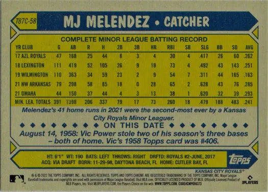 Baseball card of MJ Melendez as a catcher showcasing minor league statistics on a Chrome Silver Card