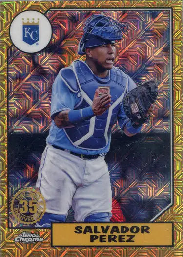 Baseball trading card of Salvador Perez in catching stance, Topps Chrome Silver Card