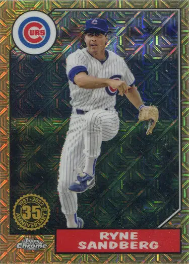Baseball card of Chicago Cubs pitcher in mid-throwing motion, Topps Chrome Silver Card