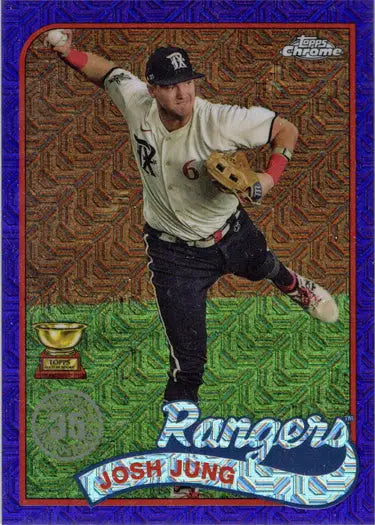 Baseball card of Rangers pitcher in home uniform, Chrome Silver Parallel from Topps Series One