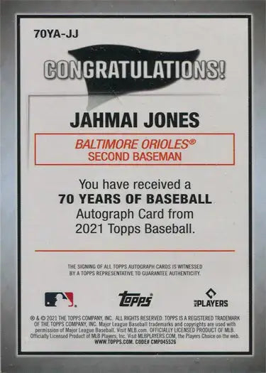 Topps Series Two Baseball 2021 70 Years Autograph Card 70YA-JJ Jahmai Jones - Baseball Card Single