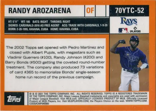 Randy Arozarena baseball card from Topps Series Two Baseball 2021 Chrome 70YTC-52