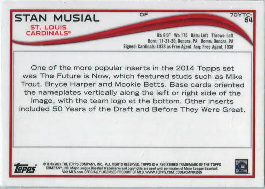 Stan Musial baseball card back from Topps Series Two Baseball 2021 Chrome