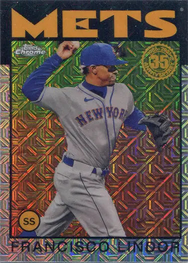 Chrome silver card of Francisco Lindor in batting stance for New York Mets