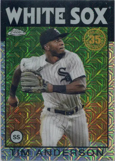 Baseball card of White Sox player Tim Anderson in pitching stance, chrome silver card design