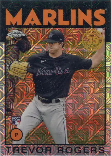Baseball card of Trevor Rogers in black jersey mid-throw, Topps chrome silver card