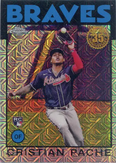 Atlanta Braves outfielder Cristian Pache making a catch on Topps chrome silver card