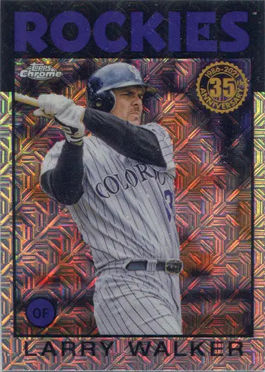 Baseball card of Larry Walker in batting stance, Topps Chrome Silver Card 2021