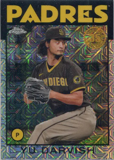 Baseball card of Yu Darvish in brown uniform, Topps chrome silver card with geometric background