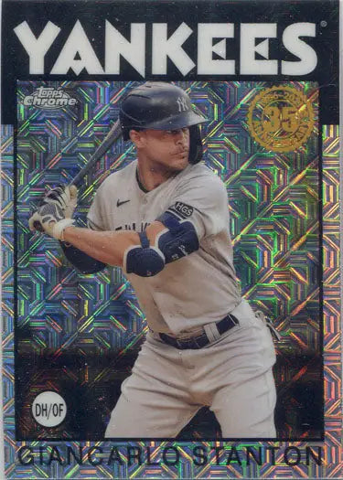 Baseball card of Giancarlo Stanton in batting stance with holographic chrome silver background