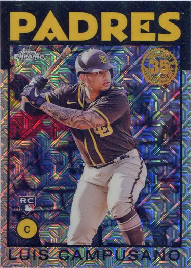 Baseball card of Padres player Luis Campusano in batting stance on a chrome silver background
