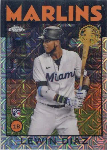 Baseball trading card of Miami Marlins player Lewin Diaz in batting stance, chrome silver card