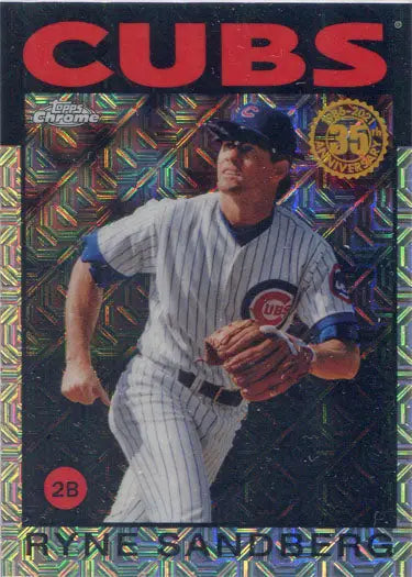 Baseball card of Ryne Sandberg in white pinstriped uniform, Topps Chrome Silver Card