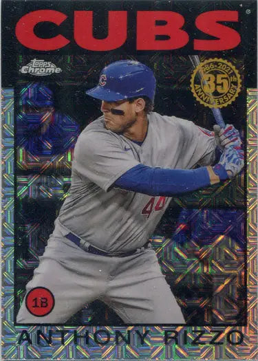 Baseball card of Chicago Cubs player Anthony Rizzo in batting stance, chrome silver card
