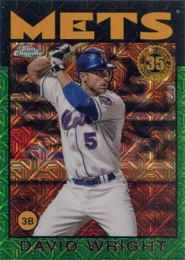 Baseball card of Mets player in batting stance, Topps Chrome Silver Green Parallel Card