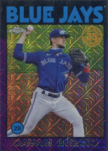 Baseball card of Blue Jays pitcher in mid-throw on colorful background, Purple Border Chrome Silver