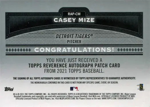 Topps Series Two Baseball 2021 Reverence Auto Patch Card RAP-CM Casey Mize 3/5 - Baseball Card Single