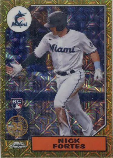Baseball card of Miami Marlins player Nick Fortes in a batting stance, chrome silver card