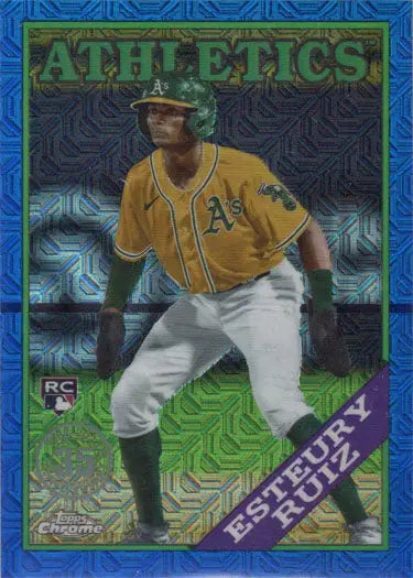 Baseball card of Esteury Ruiz in Oakland Athletics jersey, Topps chrome silver parallel