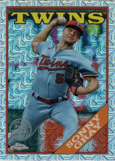 Baseball card of Minnesota Twins pitcher Sonny Gray in mid-throw on chrome silver card