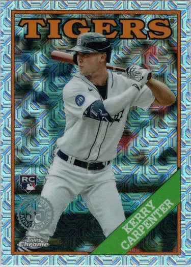 Kerry Carpenter mid-throwing on a Detroit Tigers Chrome Silver Card from Topps 2023