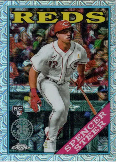 Cincinnati Reds player swinging bat on Topps 2023 Chrome Silver Card 2T88C-82 Spencer Steer