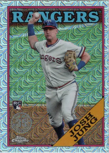 Baseball card of Rangers pitcher in mid-throwing motion, Topps Chrome Silver Card