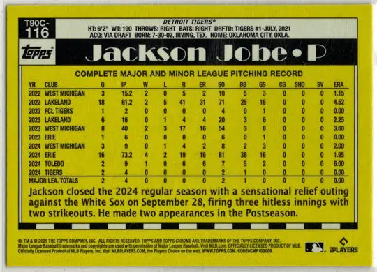 Back of Topps Series Two Baseball 2025 Chrome Silver Card T90C-116 Jackson Jobe