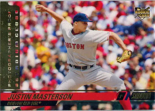 Justin Masterson mid-pitch in a Boston Red Sox uniform on a trading card