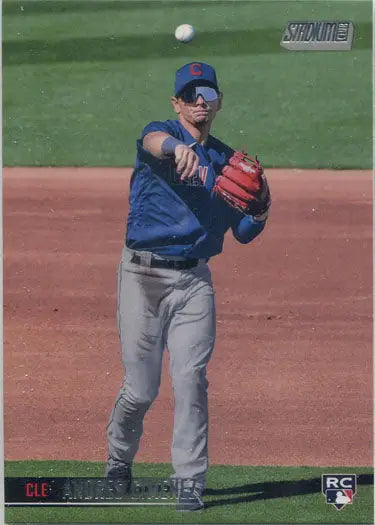 Andres Gimenez pitching in a blue jersey on Topps Stadium Club Baseball base card