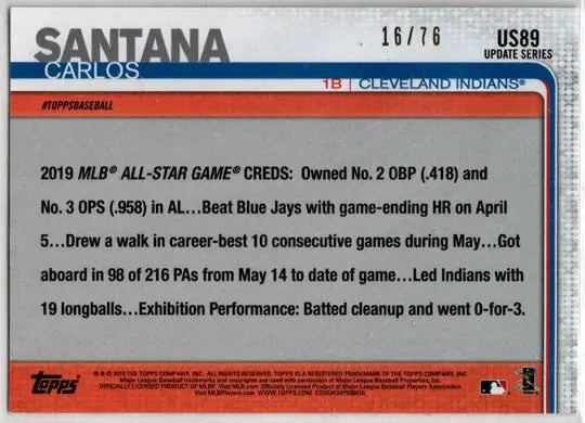 Carlos Santana baseball card from Topps Update 2019 Independence Day Parallel series