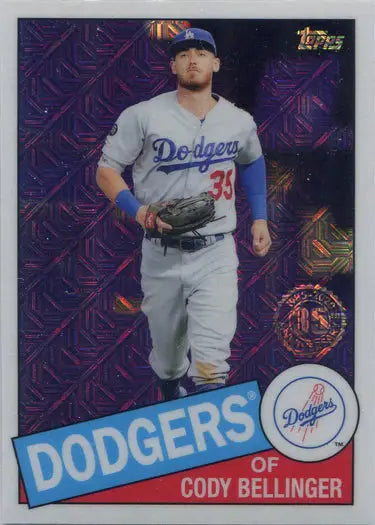 Cody Bellinger Dodgers chrome silver card on a purple patterned background