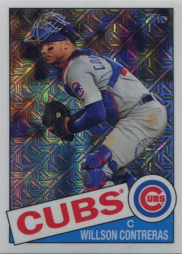 Baseball trading card featuring Cubs catcher Willson Contreras in chrome silver design
