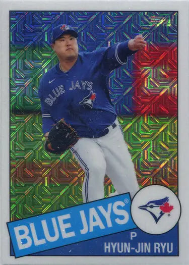Baseball card of Blue Jays pitcher Hyun-Jin Ryu in mid-throw, Topps Chrome Silver Card