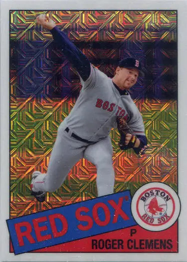 Baseball card of Roger Clemens in mid-throw as a Red Sox pitcher, chrome silver card
