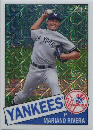 Baseball card of New York Yankees pitcher Mariano Rivera in action, chrome silver card