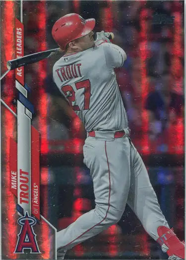 Mike Trout swinging a bat in Topps Update Baseball 2020 Rainbow Foil trading card