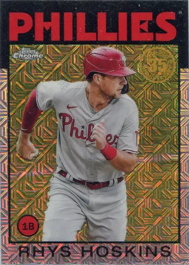 Baseball card of Rhys Hoskins in batting stance from Topps Update Chrome Silver Card
